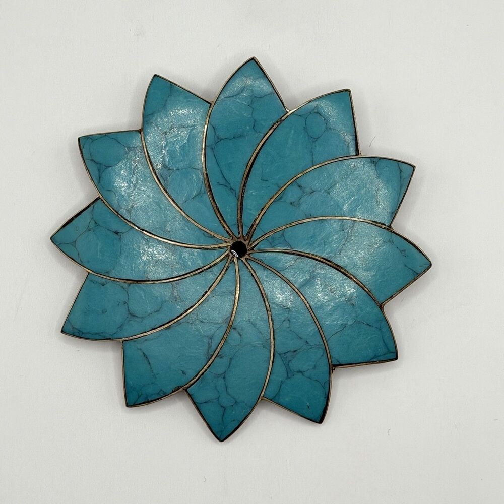 Vintage Mexico 925 Sterling Silver Turquoise Inlay Pin Brooch Flower 15.7g